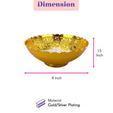 Gold silver plated decorative bowl with intricate floral embossing scalloped rim and contrasting silver interior for serving