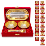5-piece german silver bowls spoon and tray set in gold tone with intricate floral embossing in red velvet box