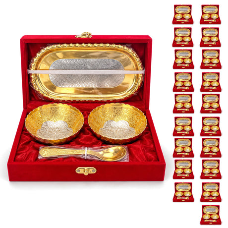 5-piece german silver bowls spoon and tray set in gold tone with intricate floral embossing in red velvet box