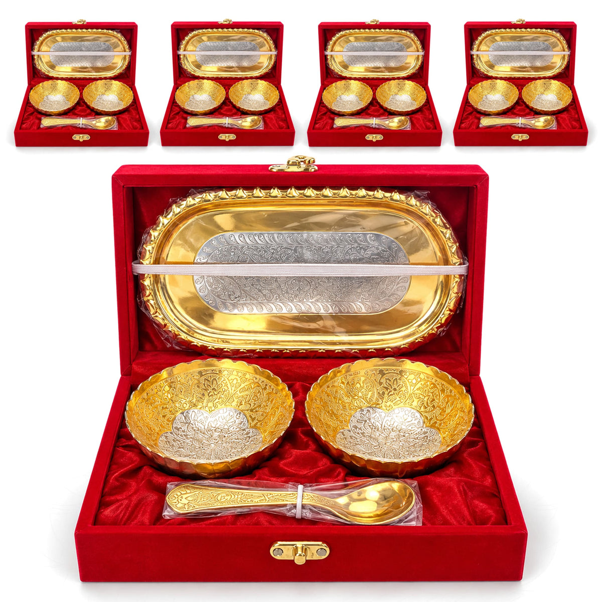 Elegant gold and silver plated 5-piece German silver bowl spoon and tray set with floral embossing in red velvet box
