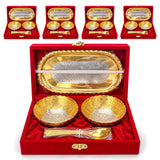 Elegant gold and silver plated 5-piece German silver bowl spoon and tray set with floral embossing in red velvet box