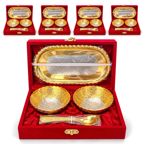 Elegant gold and silver plated 5-piece German silver bowl spoon and tray set with floral embossing in red velvet box