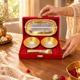 Gold and silver ornate 5-piece german silver bowls spoon and tray set in red velvet box for pooja and festive gifts