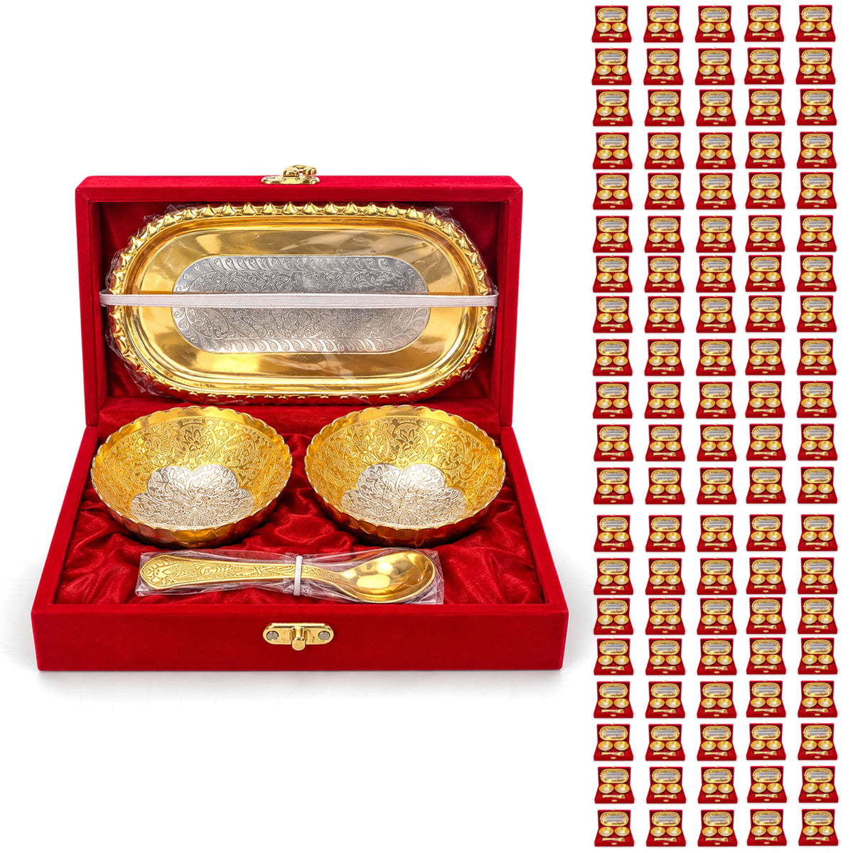 5-piece german silver bowls spoon and tray set with gold-tone intricate floral patterns in red velvet box for pooja and gifts