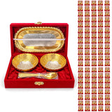 5-piece german silver bowls spoon and tray set with gold-tone intricate floral patterns in red velvet box for pooja and gifts