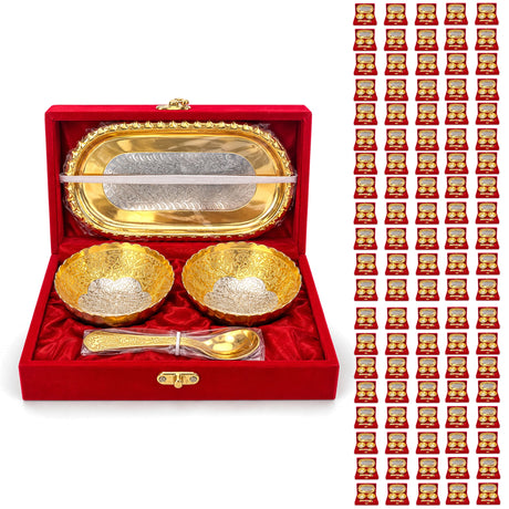 5-piece german silver bowls spoon and tray set with gold-tone intricate floral patterns in red velvet box for pooja and gifts