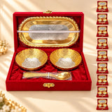 Gold and silver ornate 5-piece german silver bowls spoon and tray set with floral engravings in red velvet box for pooja and gifts