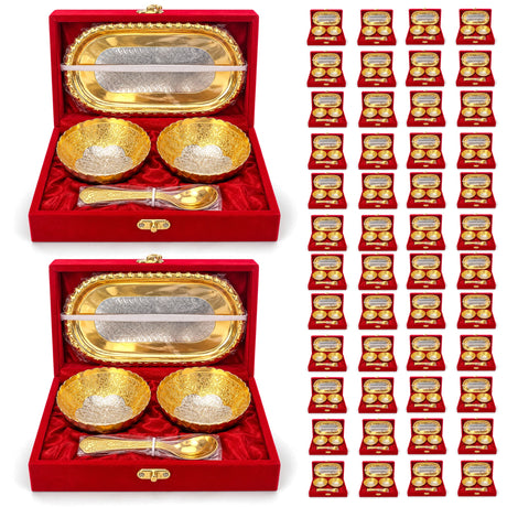 Gold and silver ornate 5-piece german silver bowls spoon and tray set with intricate embossed patterns in red velvet box
