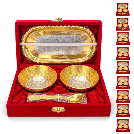 Elegant gold and silver plated 5-piece german silver dessert serving set with floral embossing in red velvet box for pooja