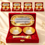 5-piece gold-tone german silver bowls spoon and tray set with intricate floral patterns in red velvet box for festive gifts