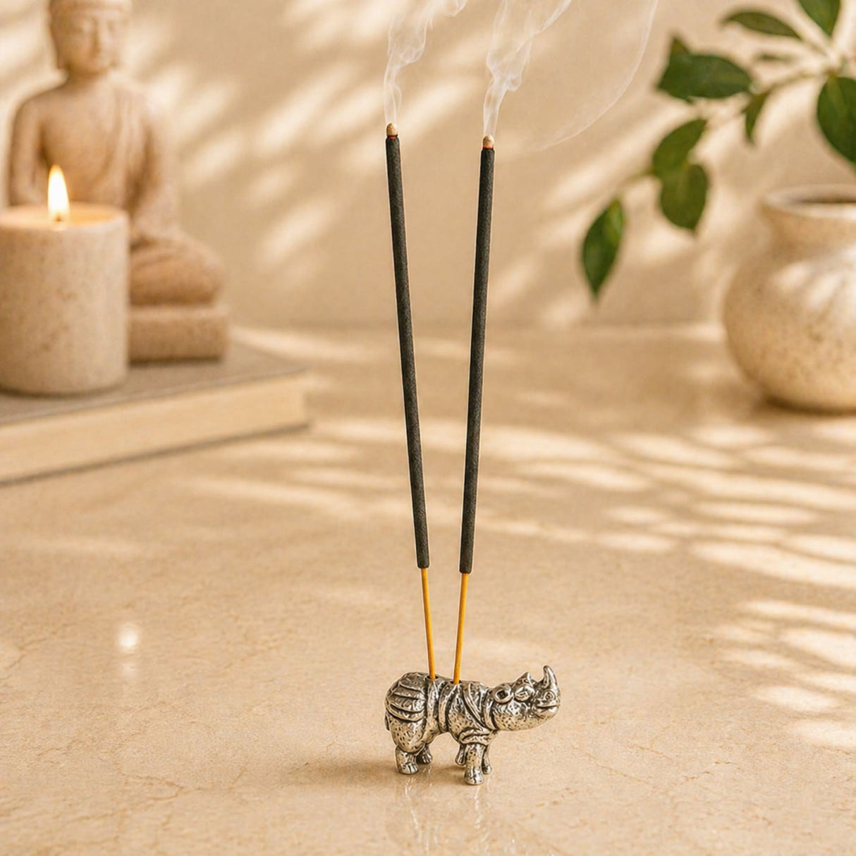 Minimalist german silver rhinoceros incense stick holder with textured surface and two black incense sticks emitting smoke
