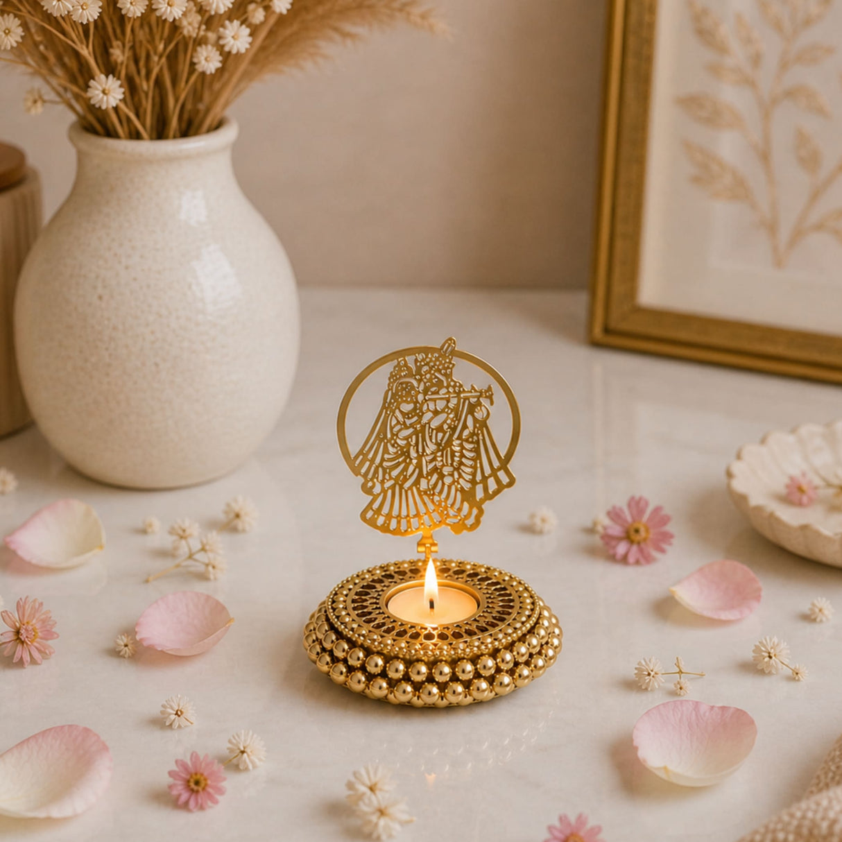 Golden ornate tealight candle holder with intricate couple cutout and beaded base for diwali christmas hanukkah decor
