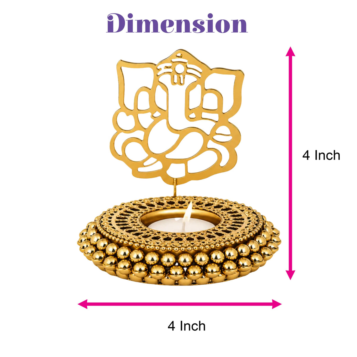 Gold-colored metal ganesha-themed ghungroo tea light holder with intricate cut-out design and beaded base for diwali decor