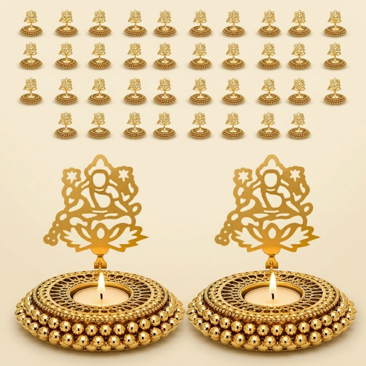 Golden metal tealight candle holder with intricate deity cut-out design and beaded base for festival of light decor