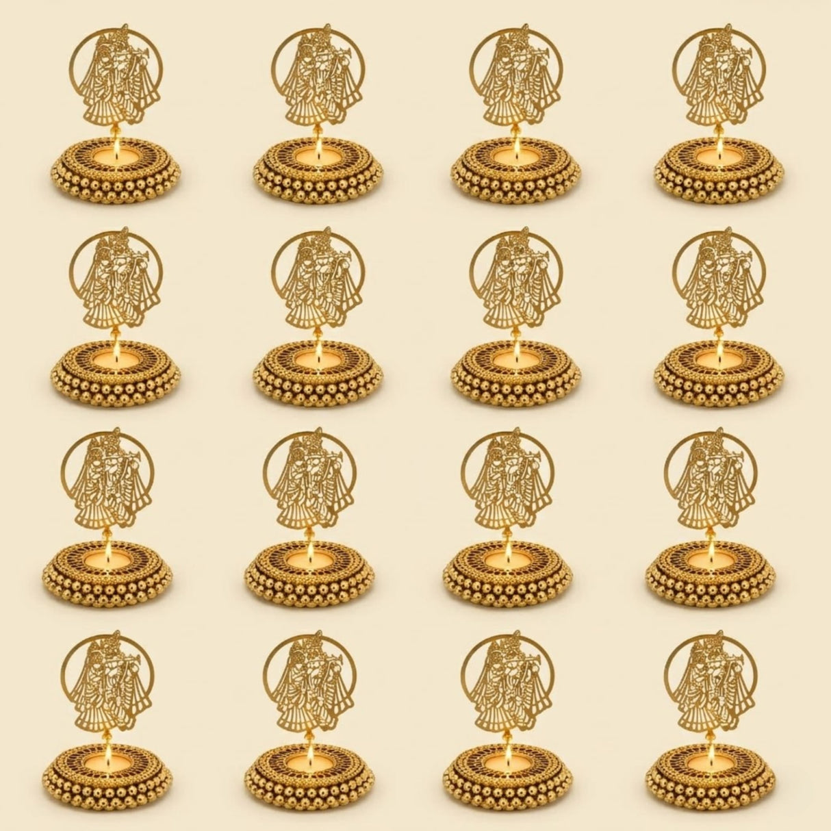 Golden tealight candle holder with intricate couple cut-out designs within circular frames on a beaded base for diwali and festive decor