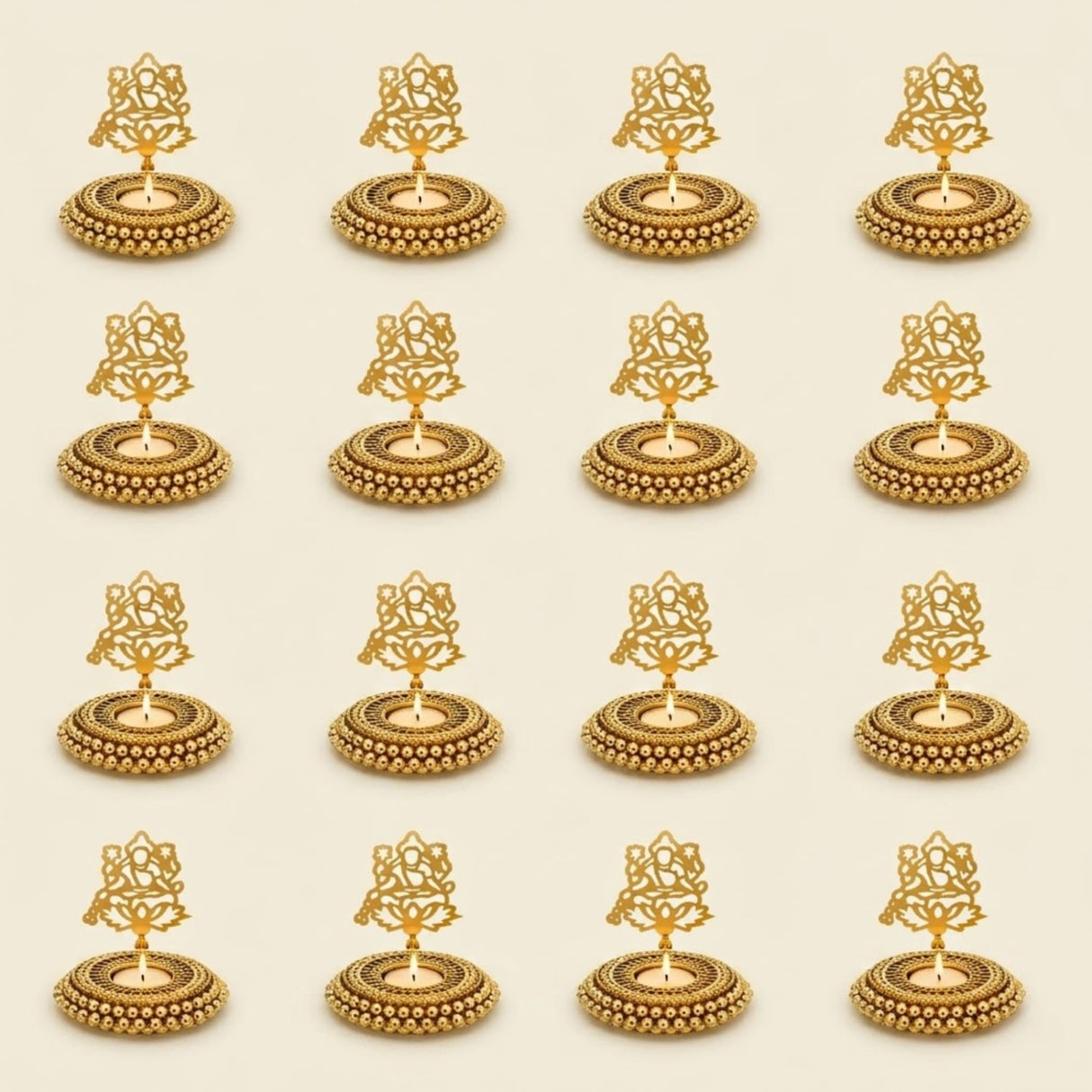 Golden ornate oil lamp holders with intricate filigree designs and beaded bases for festive tealight candle decor
