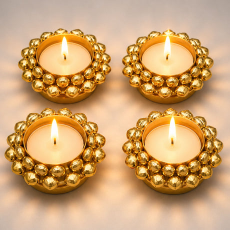 Golden beaded tea light holders with circular ornate design 4 ct candle holder for diwali pooja wedding decor