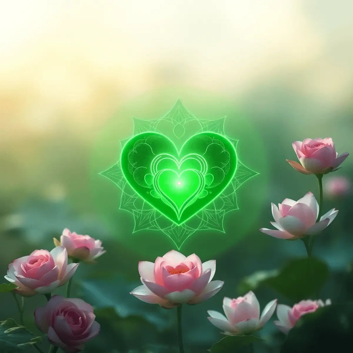 A glowing green heart chakra symbol surrounded by ethereal light, adorned with soft roses and lotus flowers, embodying love and compassion.