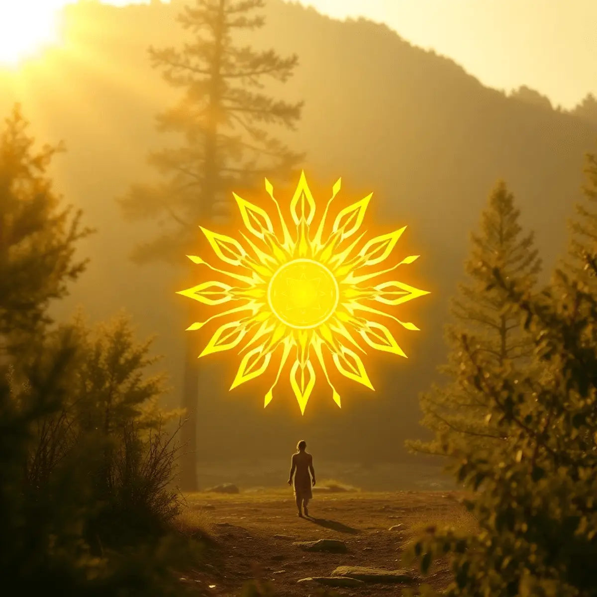 A glowing yellow solar plexus chakra symbol radiates light, surrounded by a confident figure standing tall in a serene environment illuminated by warm sunlight.