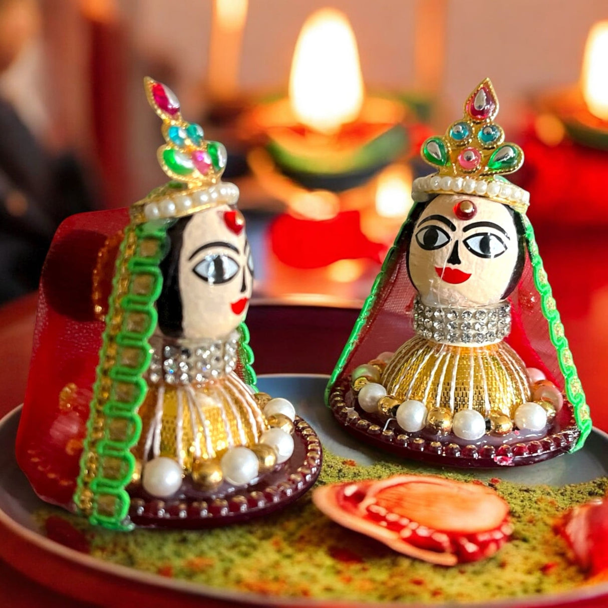 2.5-inch gold and green Riddhi Siddhi goddess idols with beadwork