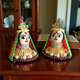 2.5-inch Riddhi Siddhi goddess ceramic idols in red-gold traditional attire