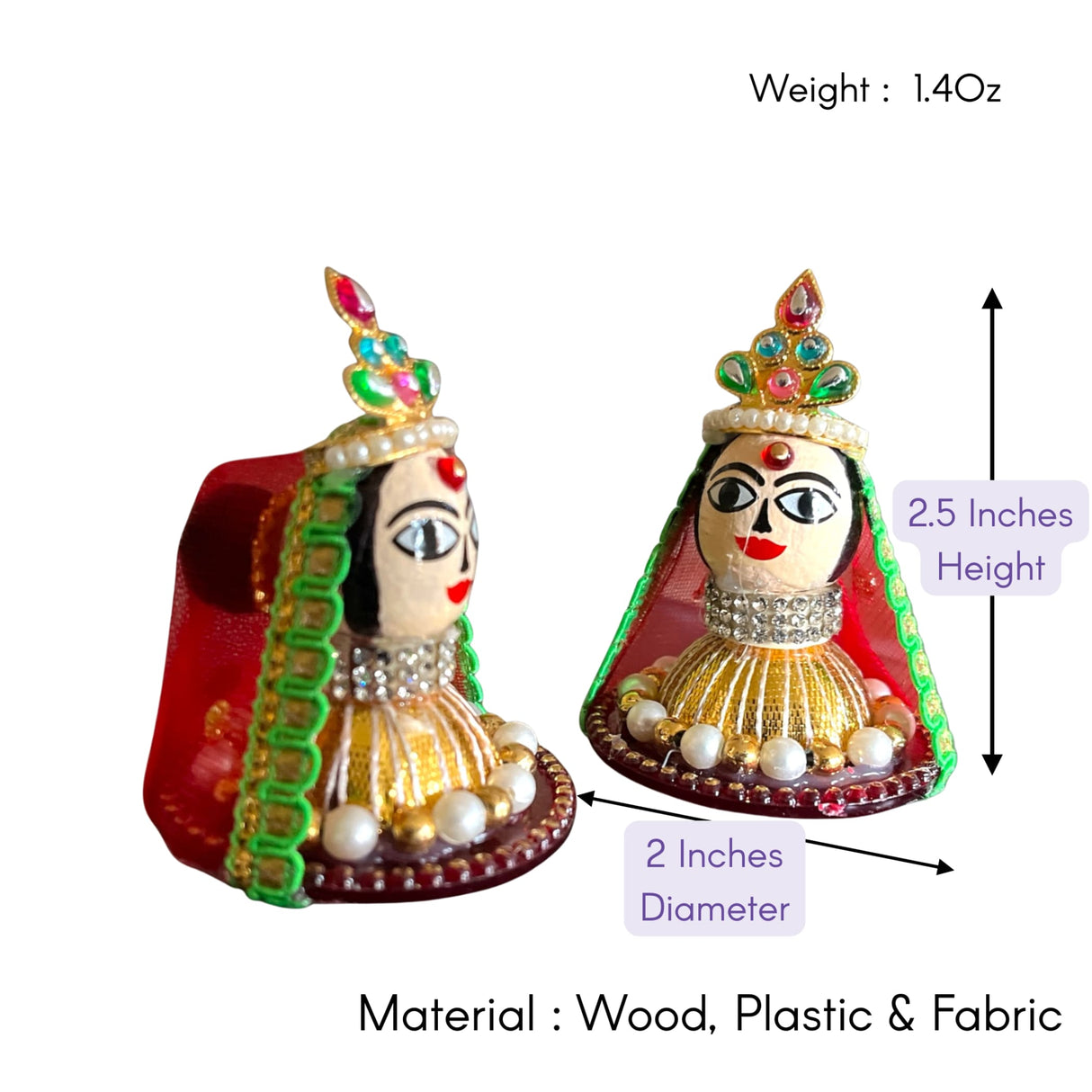 2.5-inch Riddhi Siddhi Goddess wooden idol in red gold attire with beadwork jewelry