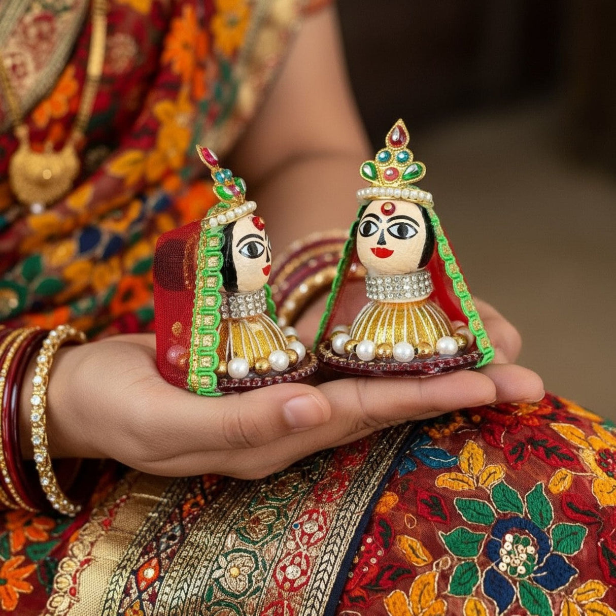 Red and gold Riddhi Siddhi goddess idols in traditional Indian attire