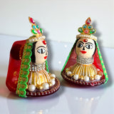 Golden and red Indian bride figurine with beadwork and pearls, 2.5 inches Riddhi Siddhi idol