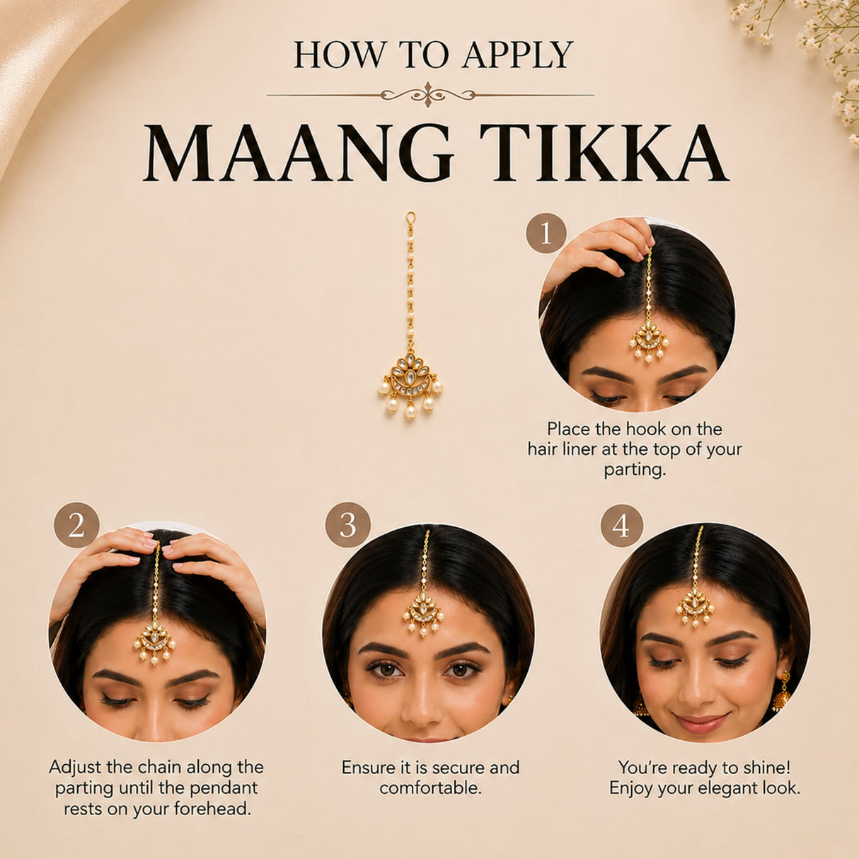 Gold-plated chand maang tikka for women with intricate filigree design and dangling pearl accents for bridal wear