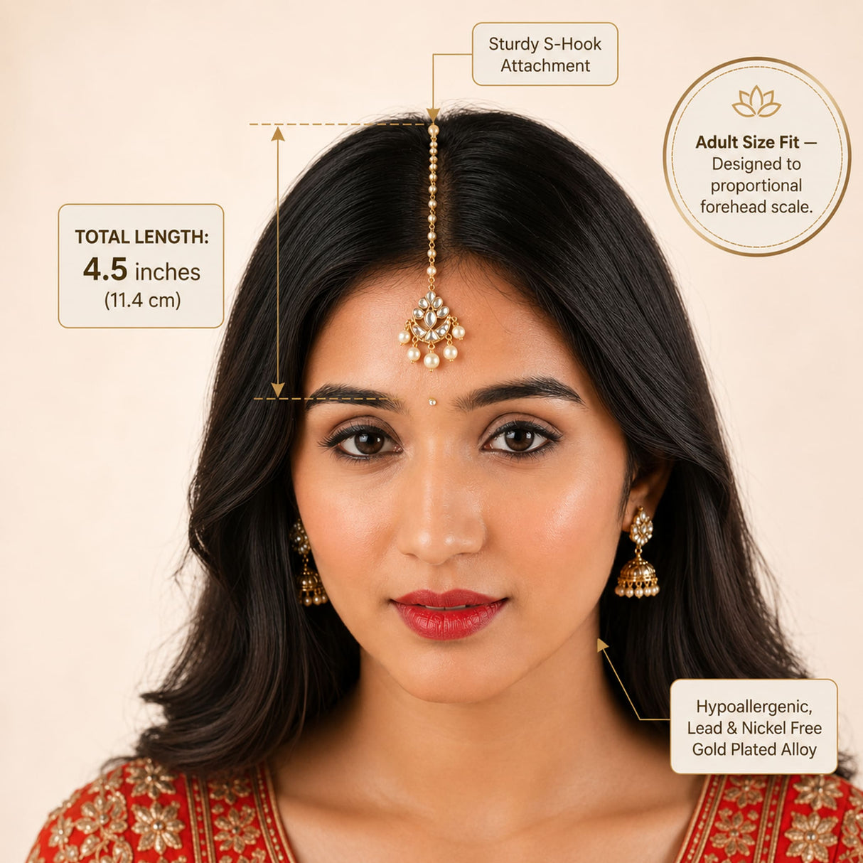 Gold-plated alloy chand maang tikka with intricate floral design and pearl accents for traditional Indian bridal wear
