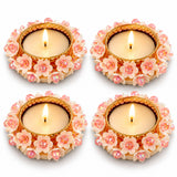 Decorative round gold-tone tealight candle holders with pink floral design and crystal accents for special events