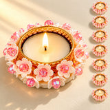 Pink floral tealight candle holder with gold-tone metal frame and faceted crystal accents for elegant decor
