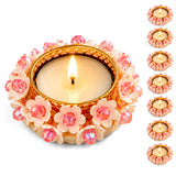 Decorative round gold-tone tealight candle holder with pink floral design crystal accents for weddings and home decor