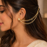 Gold tone traditional double layer jhumka earring chain with delicate faux pearl beads for weddings and festive wear