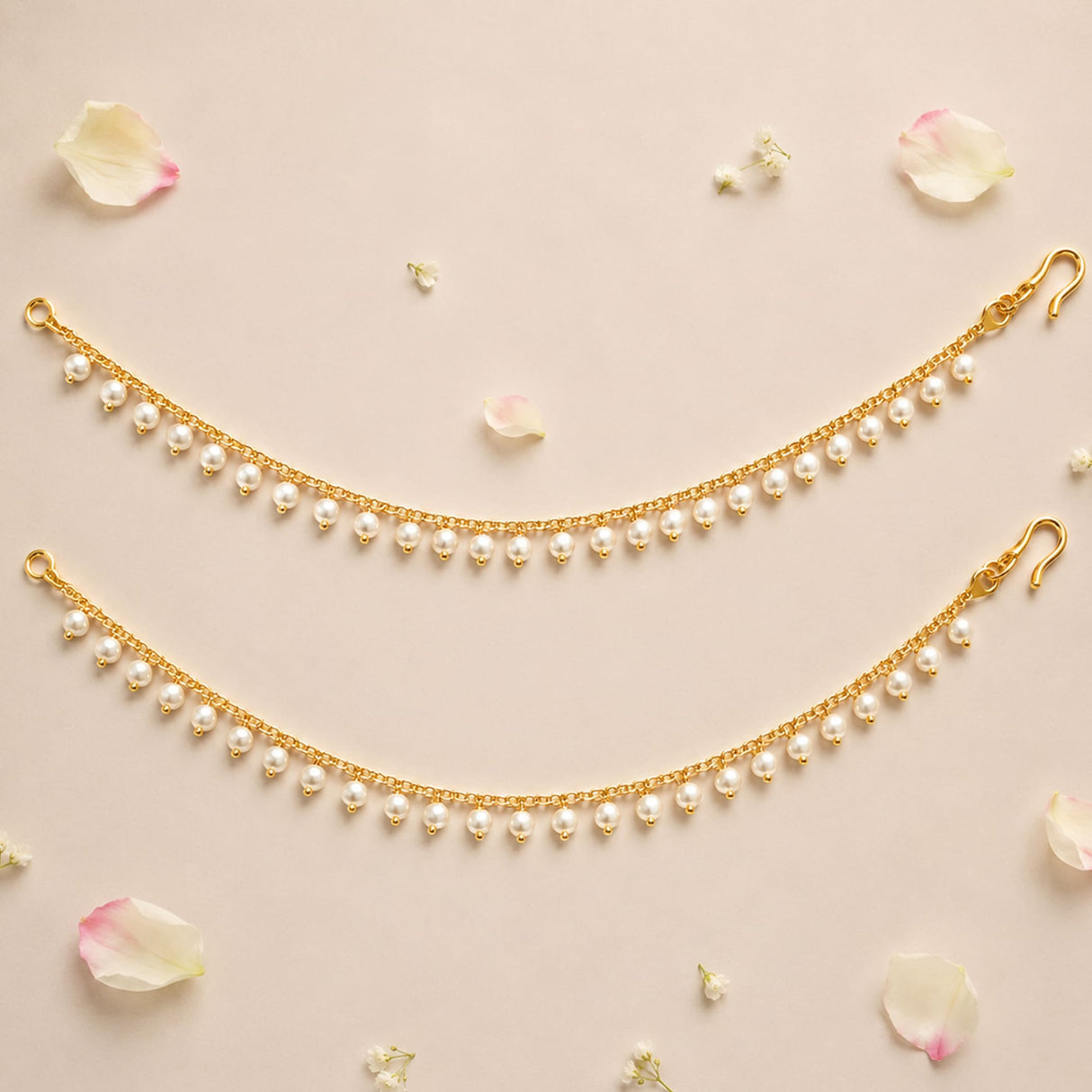 Gold tone indian traditional ear chains for women with pearl adorned cuffs and delicate chain links for bridal wear