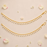 Gold tone indian traditional ear chains for women with pearl adorned cuffs and delicate chain links for bridal wear