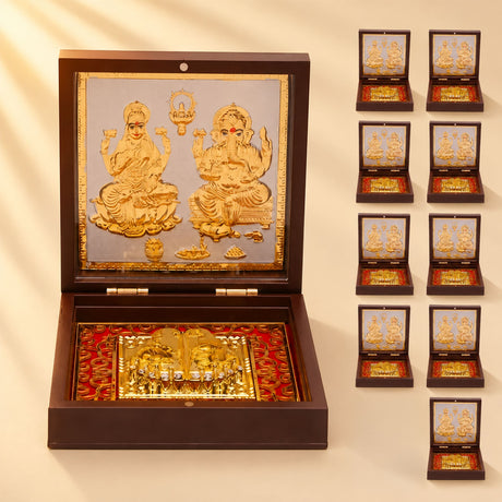 Gold plated Laxmi Ganesh deity plaque set in dark wood box with red velvet lining for spiritual home temple decor