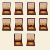 Gold plated laxmi ganesh deity figurines in dark brown wooden boxes with red velvet lining for pooja room decor gift