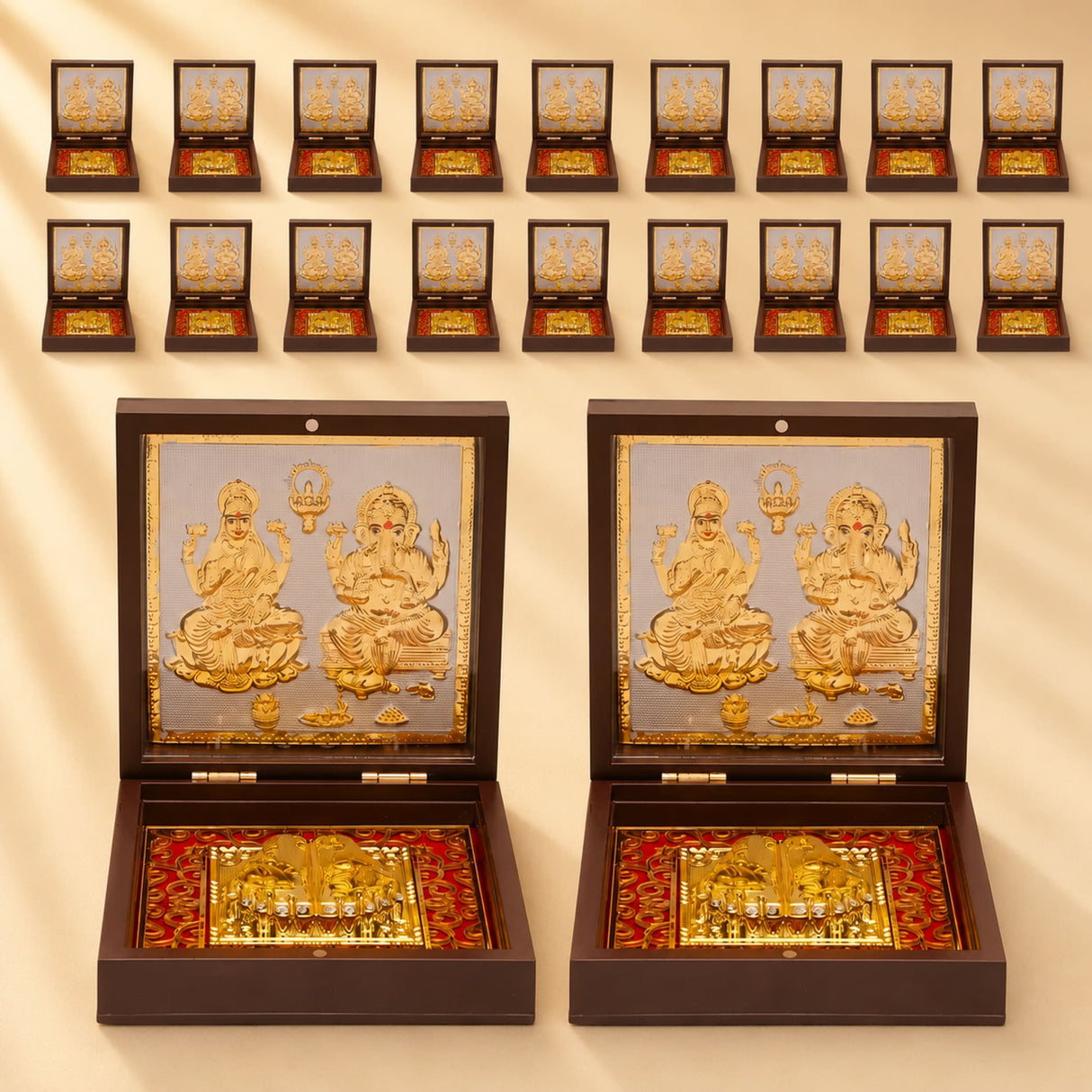 Gold plated laxmi ganesh photo frame with charan paduka in ornate dark wood box with red velvet lining for home temple decor