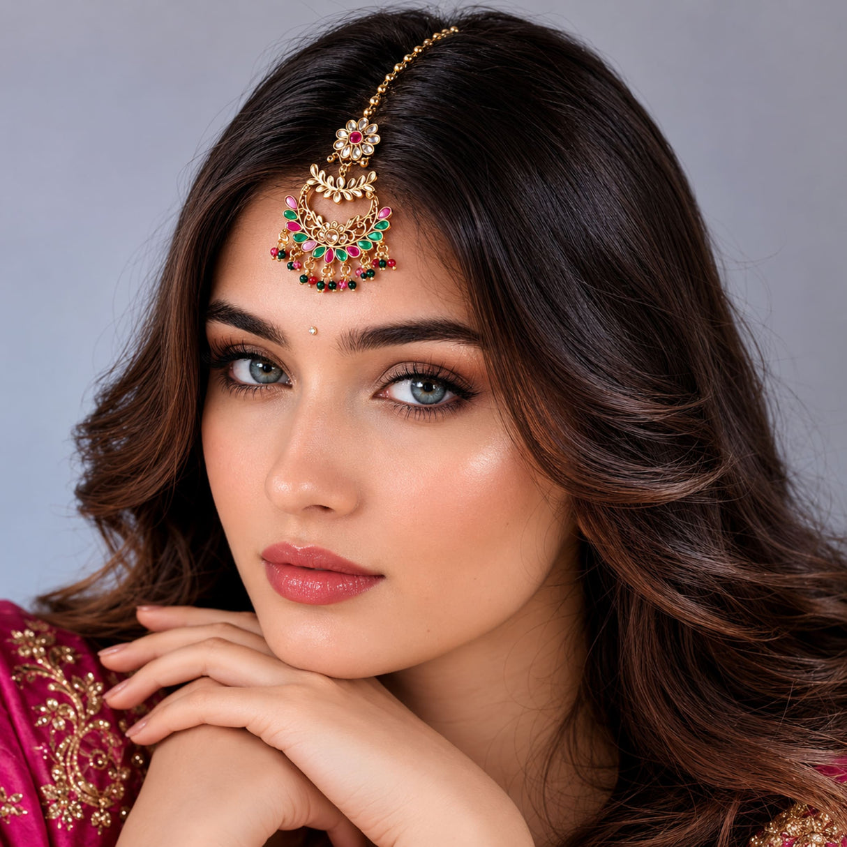 Gold-plated chand tikka with red and green gemstones featuring an ornate floral design for indian traditional weddings