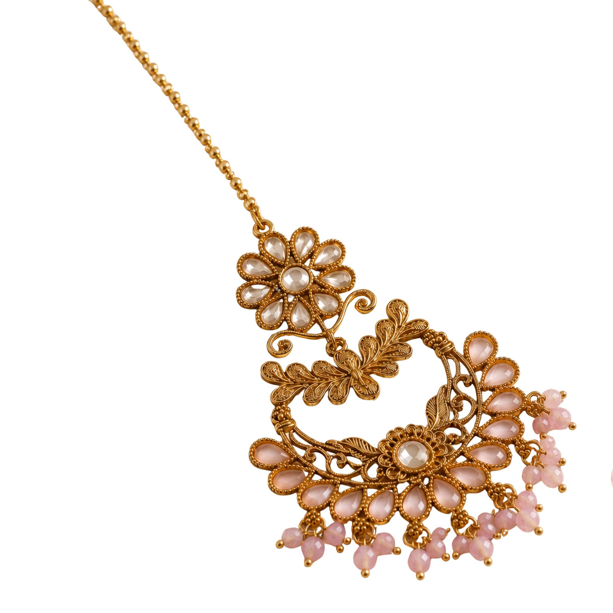 Gold-toned floral chand tikka with pink opal stones and dangling beads for indian traditional wedding jewelry