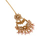 Gold-toned floral chand tikka with pink opal stones and dangling beads for indian traditional wedding jewelry