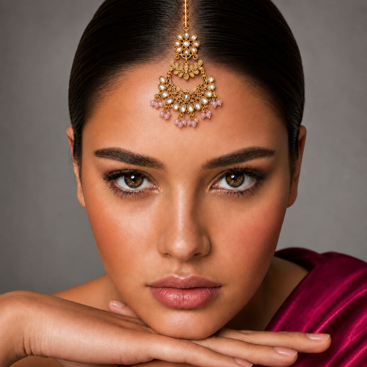 Chand tikka gold-plated maang tikka with white pearls pink gemstones floral design Indian traditional wedding jewelry