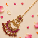 Gold-toned chand tikka with gold plating and pink red gemstones floral filigree maang tikka for Indian wedding jewelry