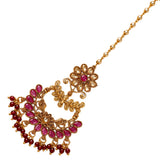 Chand tikka gold plated maang tikka with gold-toned floral design, ruby red and clear gemstones, for traditional weddings
