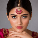 Chand tikka gold plated maang tikka with pink gemstones and floral detailing for Indian Punjabi wedding jewelry