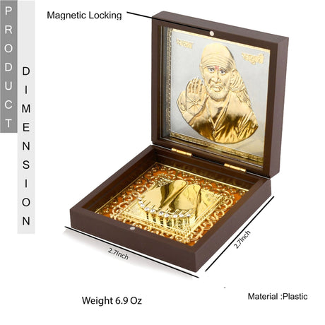 Gold plated sai baba photo frame with charan paduka