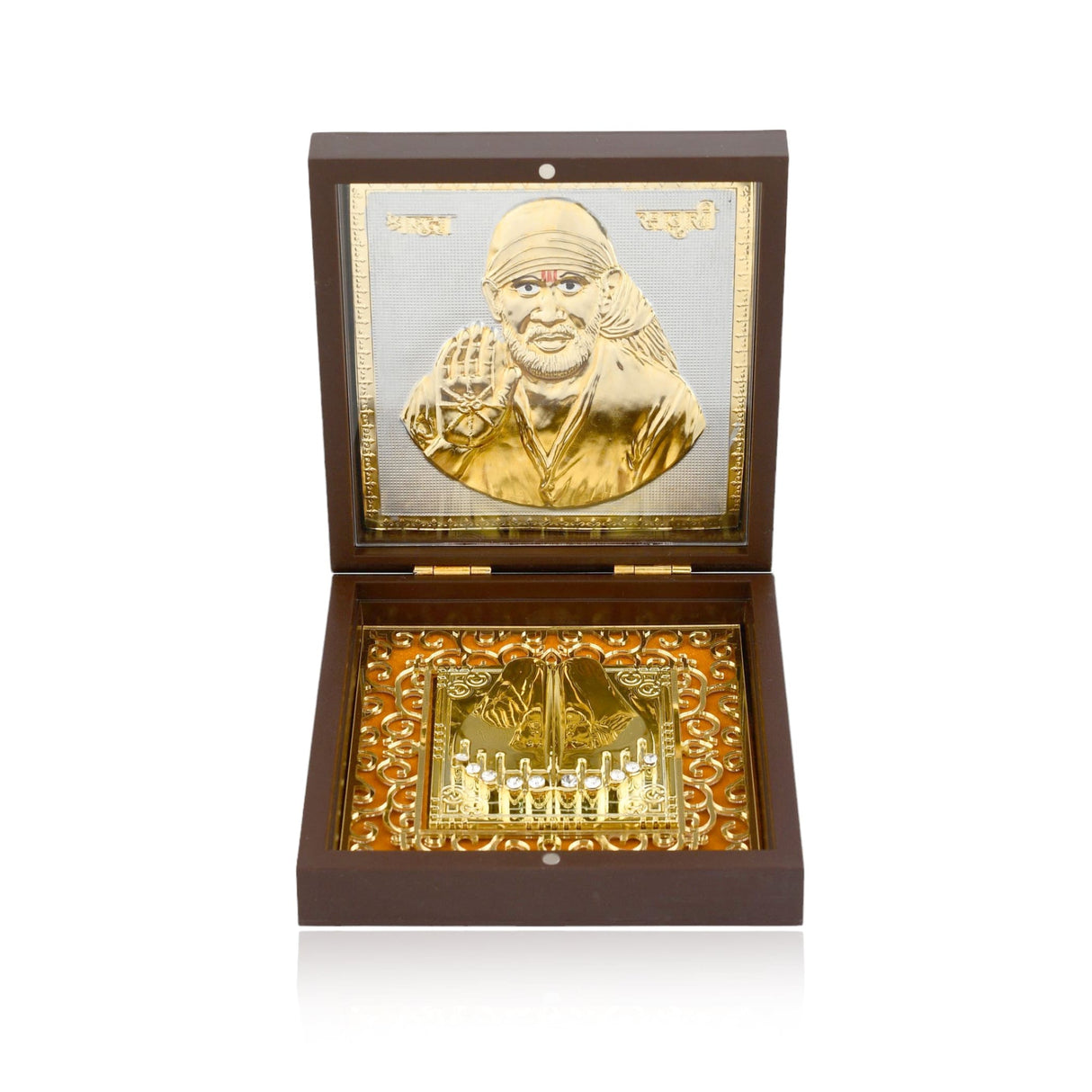 Gold plated sai baba photo frame with charan paduka