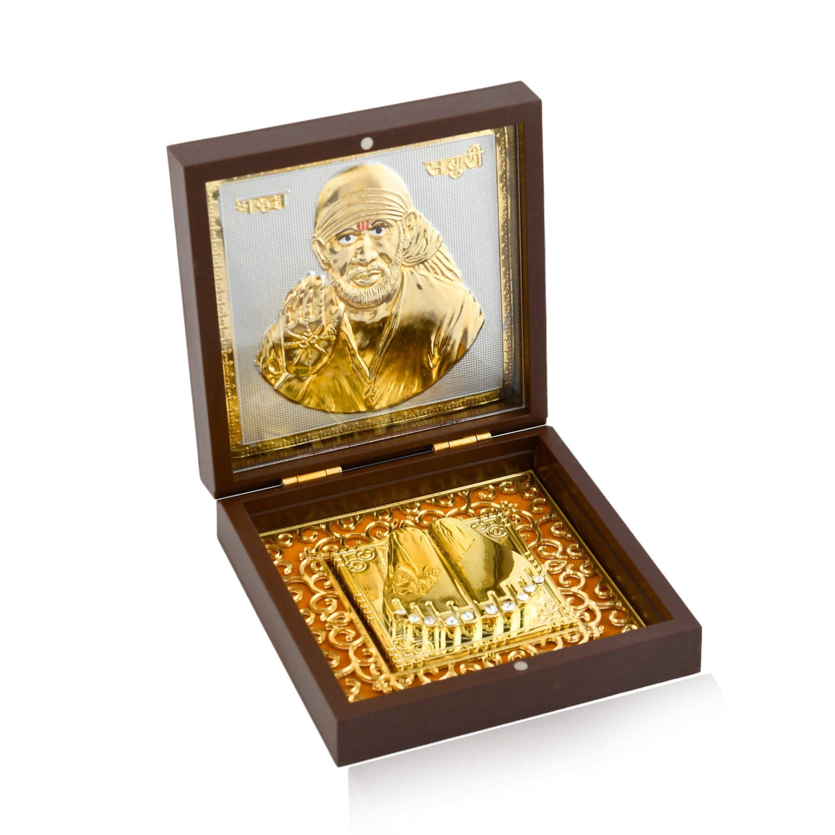 Gold plated sai baba photo frame with charan paduka