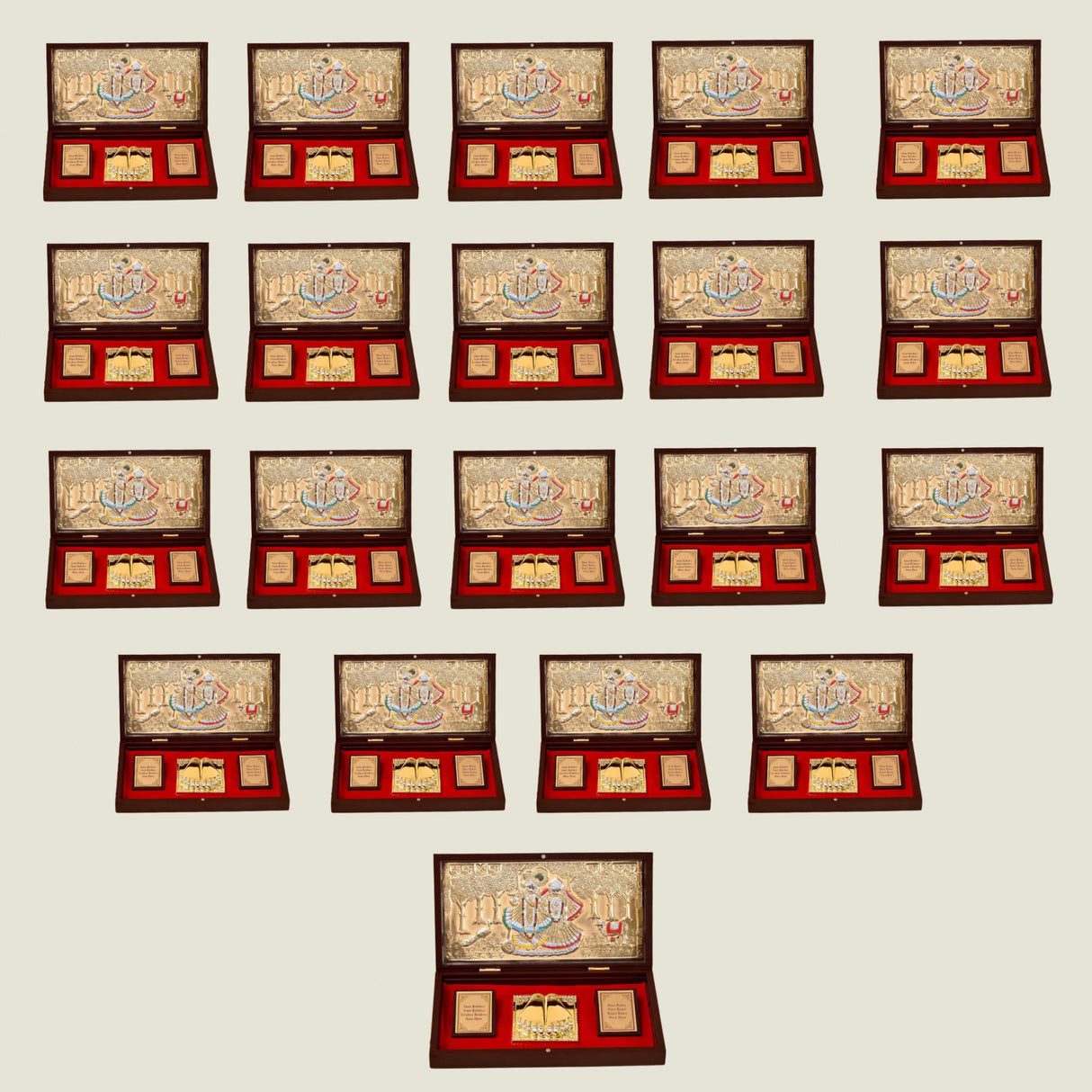 Elegant gold plated Radha Krishna photo frame with engraved prayer box featuring red velvet interior and golden plaques